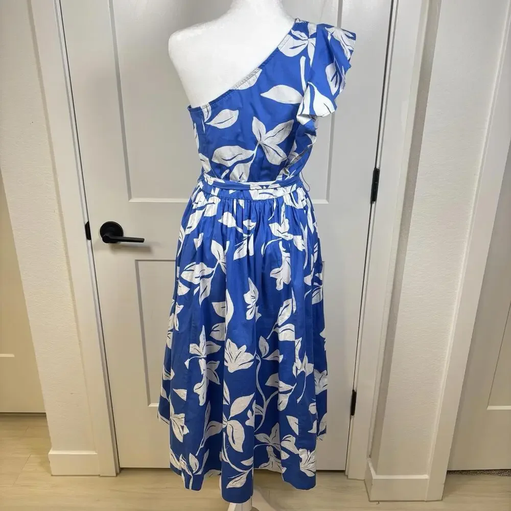 NWT J. Crew One Shoulder Ruffle Midi Dress Blue/White Floral Size 4 Beach Resort